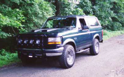 1993 Ford Bronco - A 1993 Ford Bronco is parked on the side of a road, surrounded by lush green foliage.