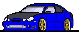 1999 Ford Taurus - A pixelated blue sedan with a dark hood and gold rims is shown from a three-quarter front view.