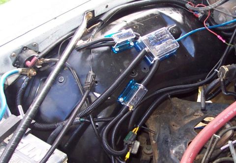 1985 Ford LTD Crown Victoria - Aftermarket fuse boxes and wiring installed in an engine bay.