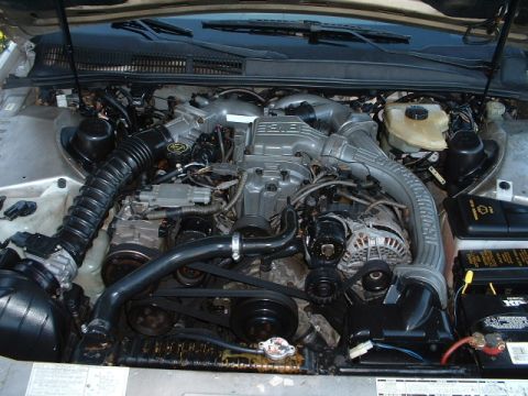 1989 Ford Thunderbird - The engine bay of a vehicle, a V6 engine, air intake system, and alternator.