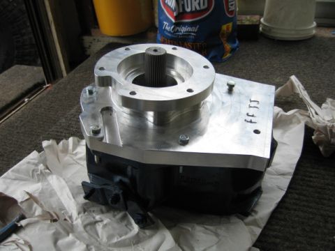 1976 Ford F-150 - Here is the installed adapter from Offroaddesign.com, I cleaned and painted the front half range box of the NP203.