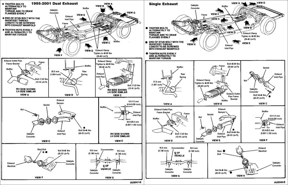 Diagram comparing 1995-2001 dual and single exhaust system layouts