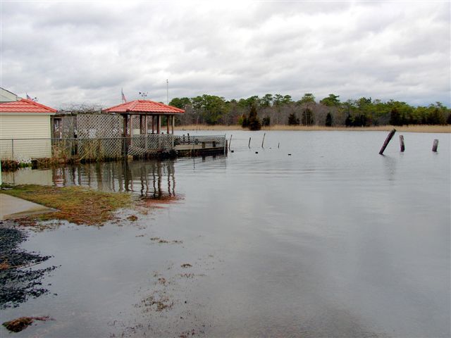 Flooded backyard with gazebo and dock