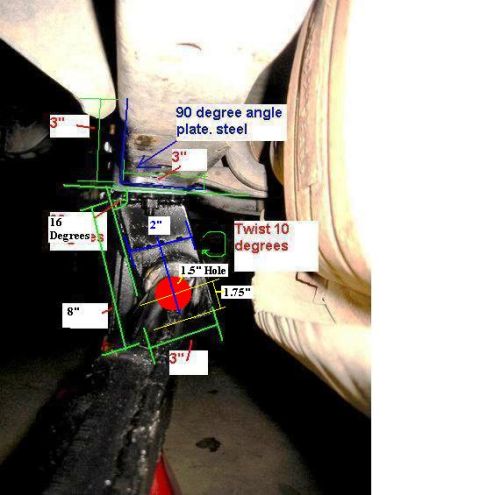 1985 Ford Bronco - Diagram details measurements for a steel bracket, including angles and hole size.