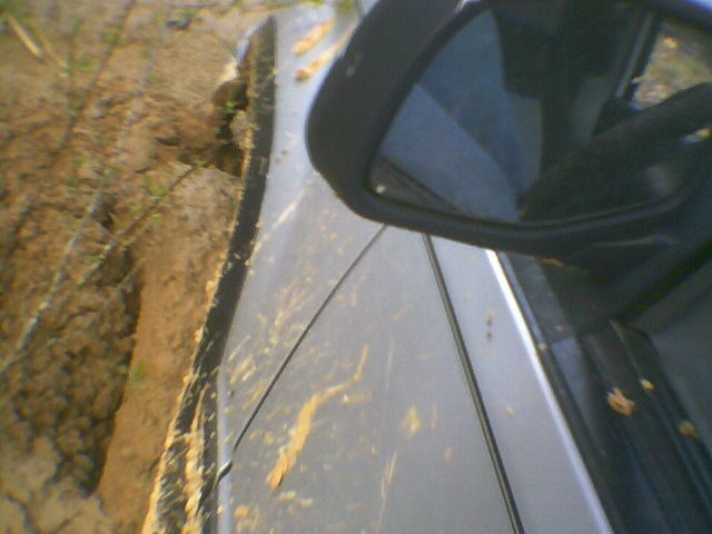 Silver SUV door and black mirror splattered with mud beside a deep dirt rut