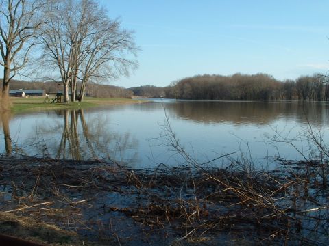 1993 Ford Bronco - A wide view of a flooded area with trees and buildings visible on the distant bank under a clear blue sky.
