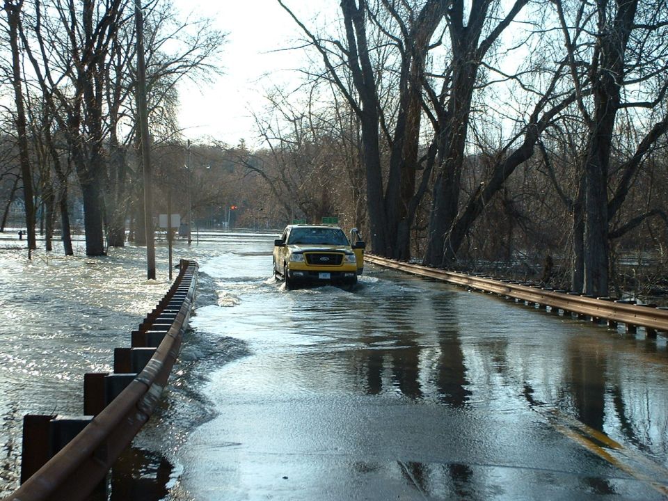 Yellow Ford F-150 pickup driving through flooded road with trees on both sides