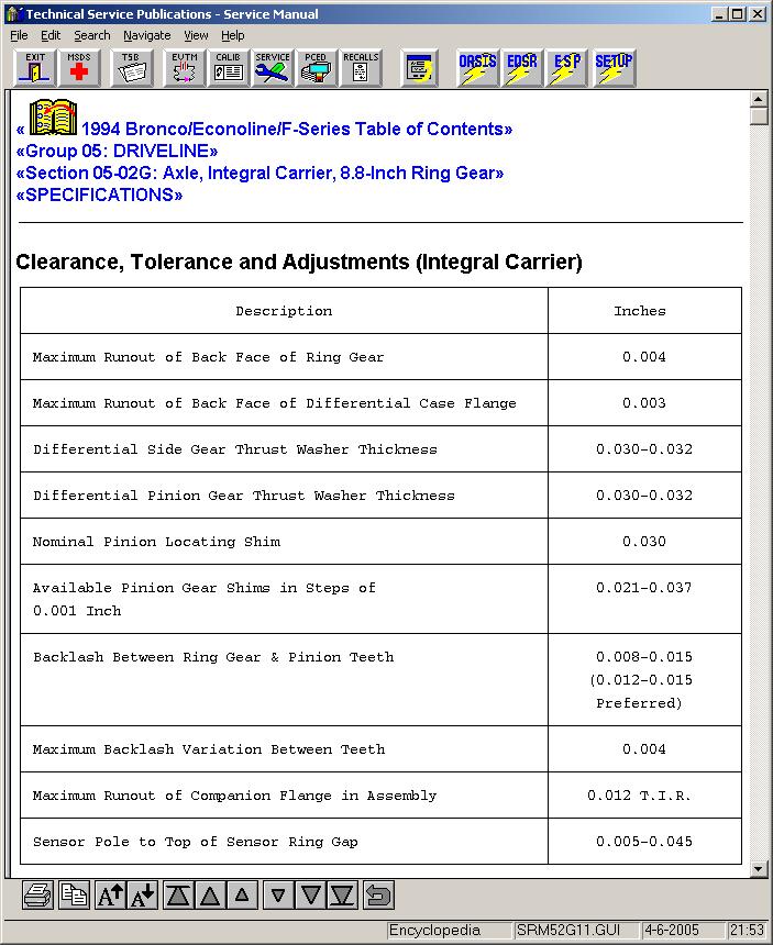 1994 Bronco Econoline F-Series service manual axle specifications page, 8.8-inch ring gear