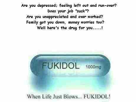 1990 Ford Bronco - This image shows a pill labeled 'Fukidol 1000mg' with text about life's troubles.