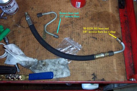 1992 Ford Bronco - The new hose. The hydraulic shop crimped it and set up the compression fittings. I tightened everything up with it installed at each end so…