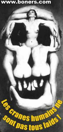 1988 Ford Bronco - An artistic optical illusion depicts a skull formed by multiple nude human bodies, with French text overlayed.