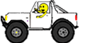 1990 Ford Bronco - A simple cartoon depicts a white off-road vehicle with a driver behind the wheel.