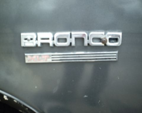 1987 Ford Bronco - Close-up of a Bronco emblem and XLT trim badge on a vehicle's body panel.