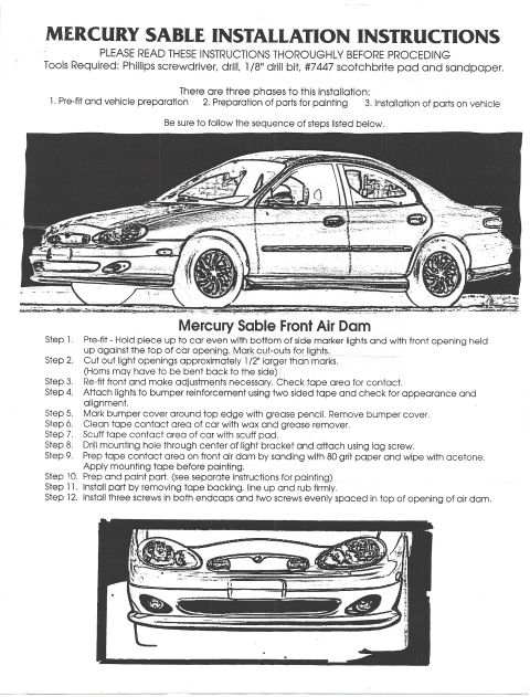 1998 Ford Taurus - This document provides installation instructions for a Mercury Sable front air dam, including diagrams and step-by-step guidance.