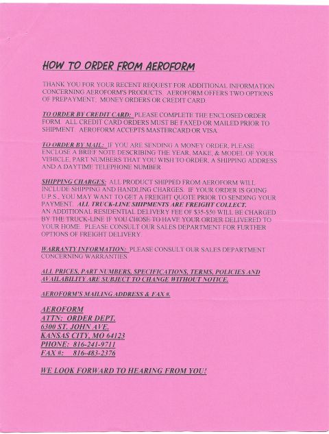 1998 Ford Taurus - This document provides details on how to order products from Aeroform, including payment and shipping options.