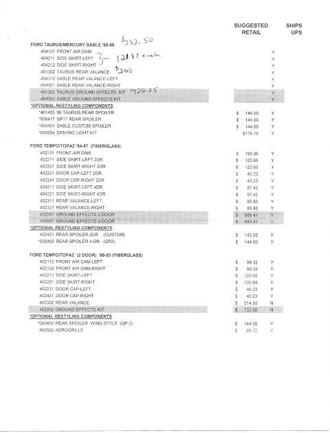 1998 Ford Taurus - This document lists various parts and accessories for different Ford models, including ground effects kits and spoilers.