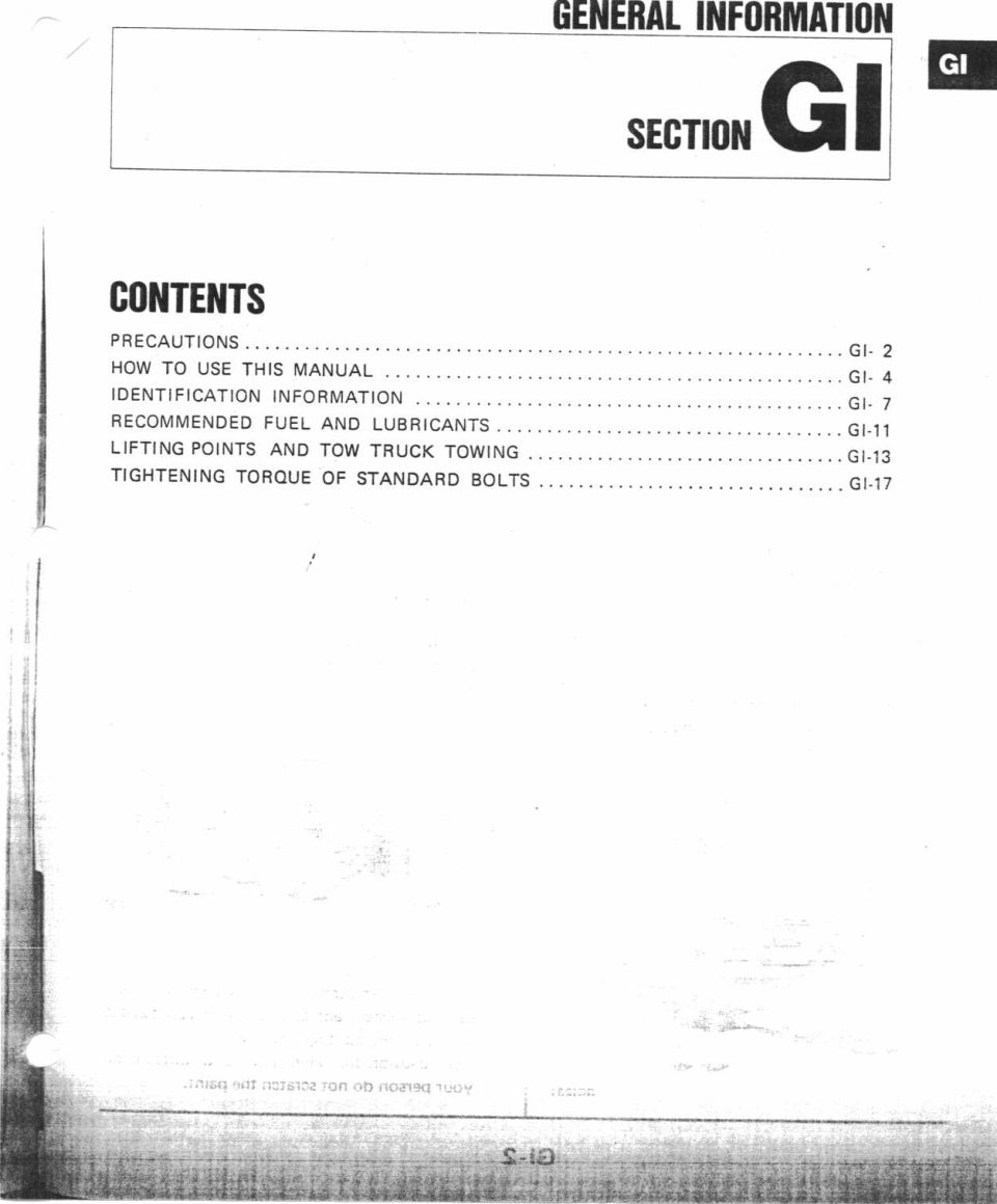 Service manual General Information Section GI contents page with page references