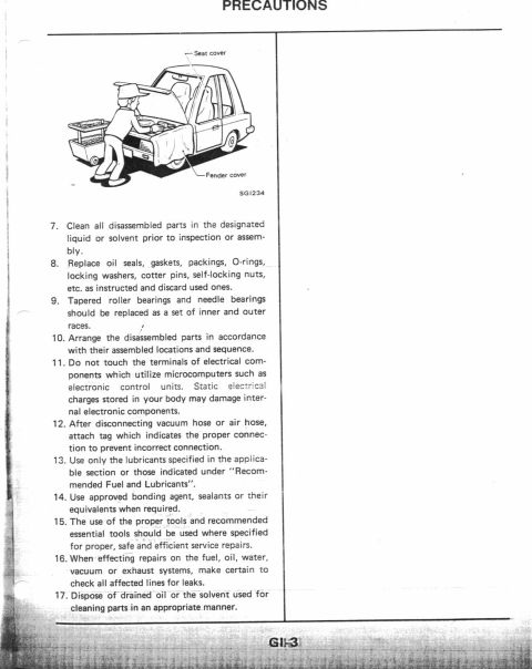 1990 Nissan Micra - Diagram illustrating precautions for vehicle maintenance and repair procedures.