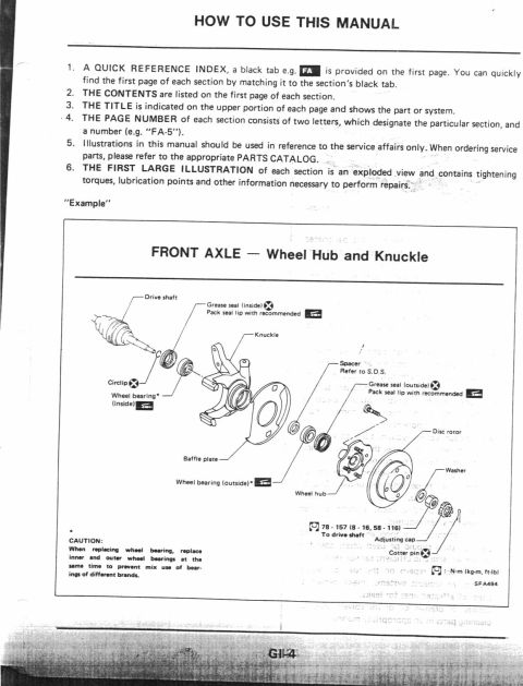 1990 Nissan Micra - This diagram illustrates the components of a front axle wheel hub and knuckle assembly, including a drive shaft, bearings, and disc rotor.