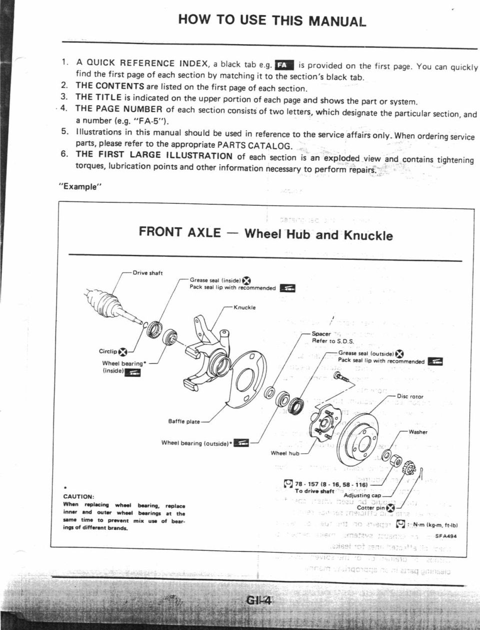 Nissan service manual how-to-use page GI-4 with front axle wheel hub and knuckle exploded view example