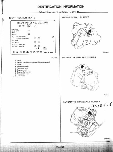1990 Nissan Micra - Page from a Nissan service manual detailing identification information and component diagrams.