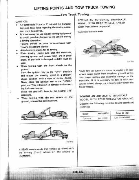 1990 Nissan Micra - This document provides instructions for towing vehicles, including diagrams of different towing scenarios.