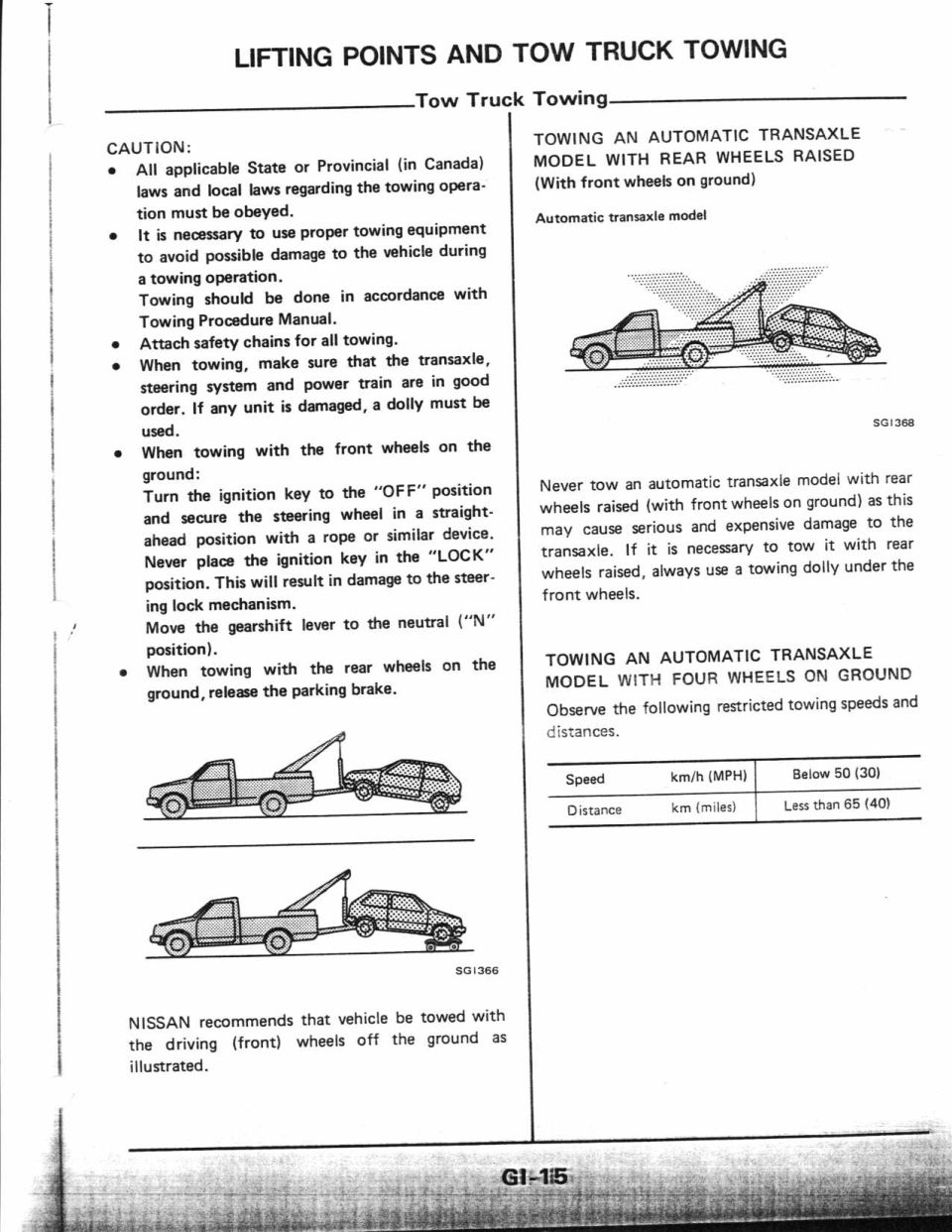Service manual page on tow truck towing with diagrams and a speed/distance table.