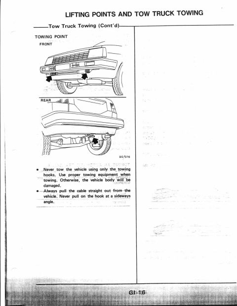 1990 Nissan Micra - This diagram illustrates the correct front and rear towing points for a vehicle, with accompanying instructions for safe towing procedures.