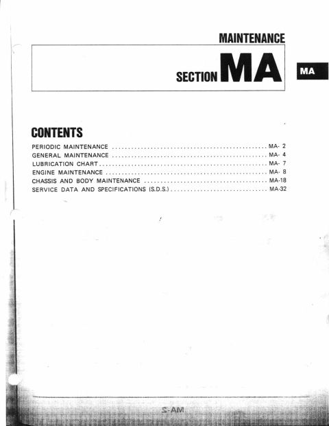 1990 Nissan Micra - This document displays the table of contents for a vehicle maintenance manual, detailing various service sections.