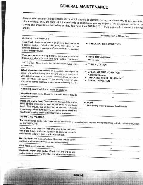 1990 Nissan Micra - This document details general maintenance procedures for a vehicle, covering various systems and components.