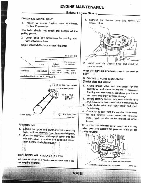 1990 Nissan Micra - Engine maintenance document detailing drive belt and choke mechanism procedures.