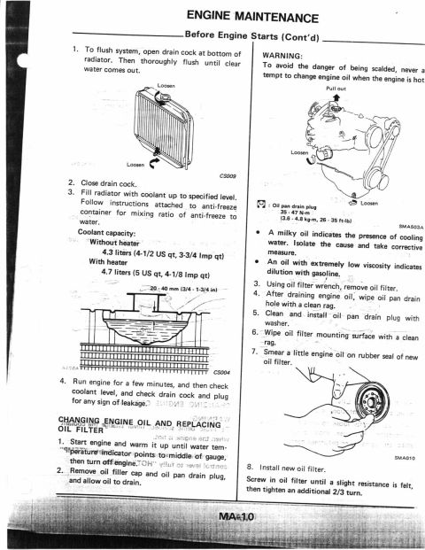 1990 Nissan Micra - This document details engine maintenance procedures, covering radiator flushing and oil filter replacement steps.