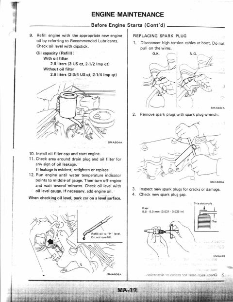 1990 Nissan Micra - This document details engine maintenance procedures, including oil capacity and spark plug replacement steps.