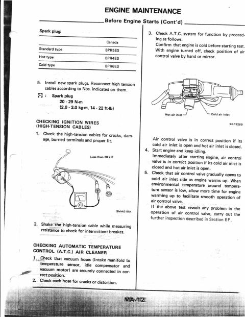 1990 Nissan Micra - This document details engine maintenance procedures, including checks for spark plugs and the automatic temperature control air cleaner sys…