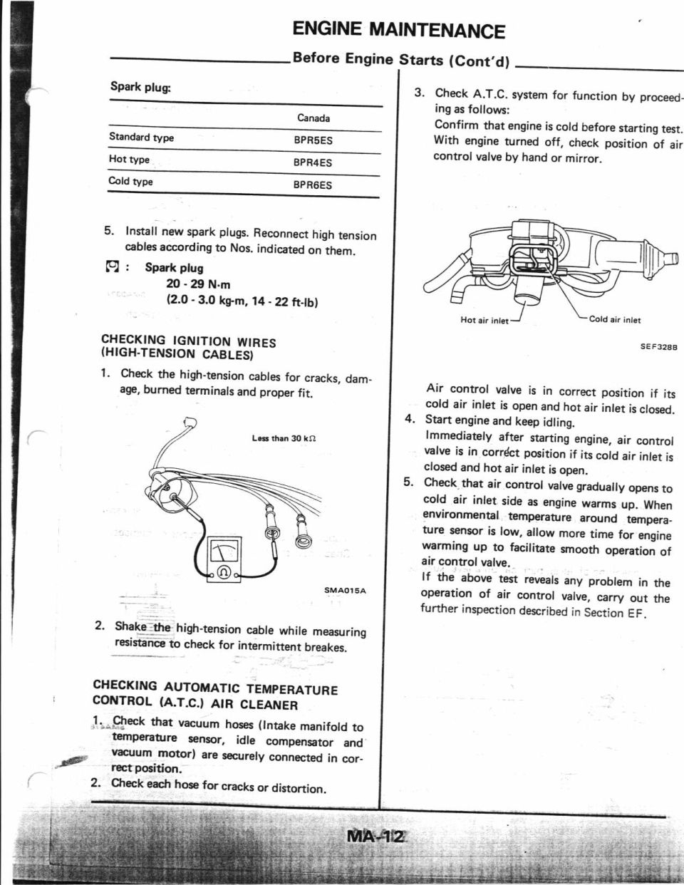 Nissan engine maintenance MA-12 spark plug specs ignition wire and ATC air cleaner checks