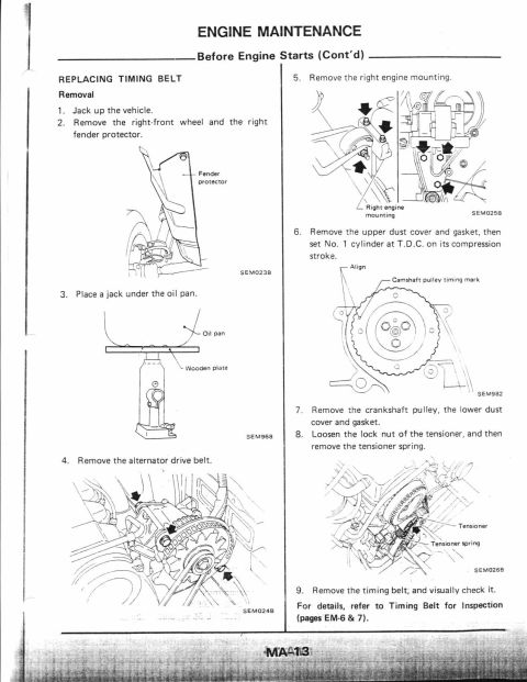 1990 Nissan Micra - This document provides instructions for engine maintenance, focusing on the timing belt replacement procedure.