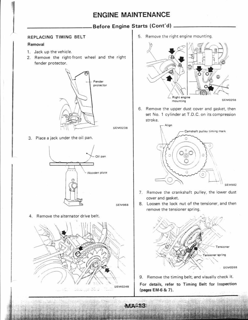 Service manual page showing timing belt replacement steps and diagrams.