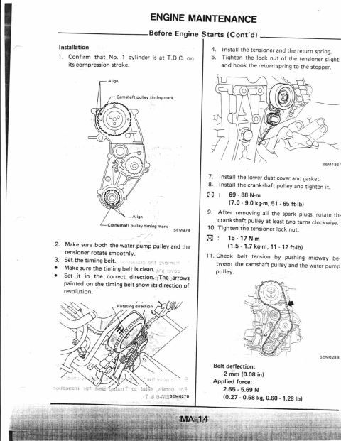 1990 Nissan Micra - This document details engine maintenance procedures, specifically focusing on timing belt installation and adjustment.
