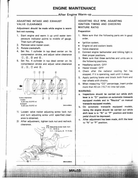 1990 Nissan Micra - This document details engine maintenance procedures, including adjusting valve clearance and ignition timing.