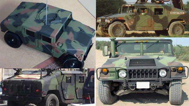 Four camouflage Humvees shown from various angles