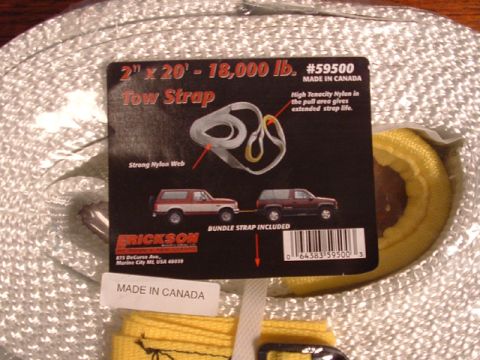 1993 Ford Bronco - Packaging for a 2" x 20' - 18,000 lb. tow strap features illustrations of a red Bronco and a maroon SUV.