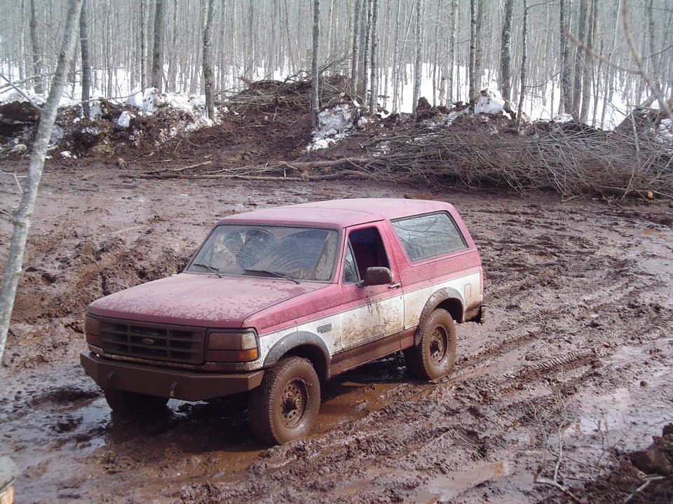 Red and white Ford Bronco stuck in mud, trees and debris in background