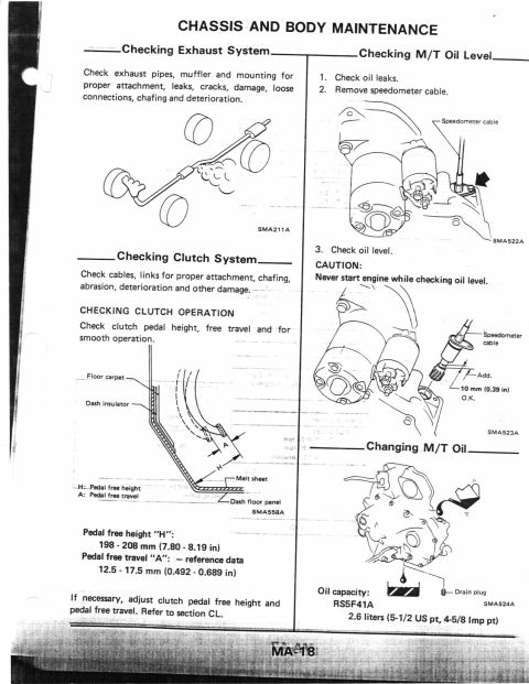 1990 Nissan Micra - This document provides maintenance instructions for various vehicle systems, including exhaust, clutch, and transmission oil.