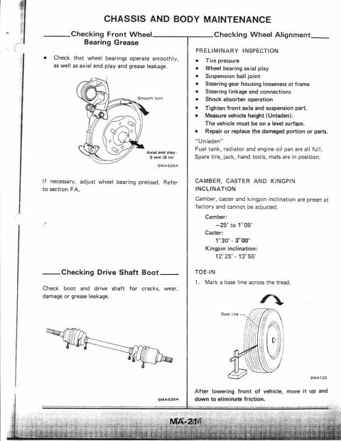 1990 Nissan Micra - This document details chassis and body maintenance procedures, including wheel bearing and drive shaft checks, and wheel alignment.