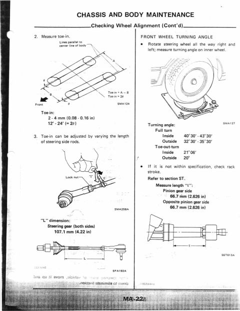1990 Nissan Micra - This document page details chassis and body maintenance procedures for checking wheel alignment.