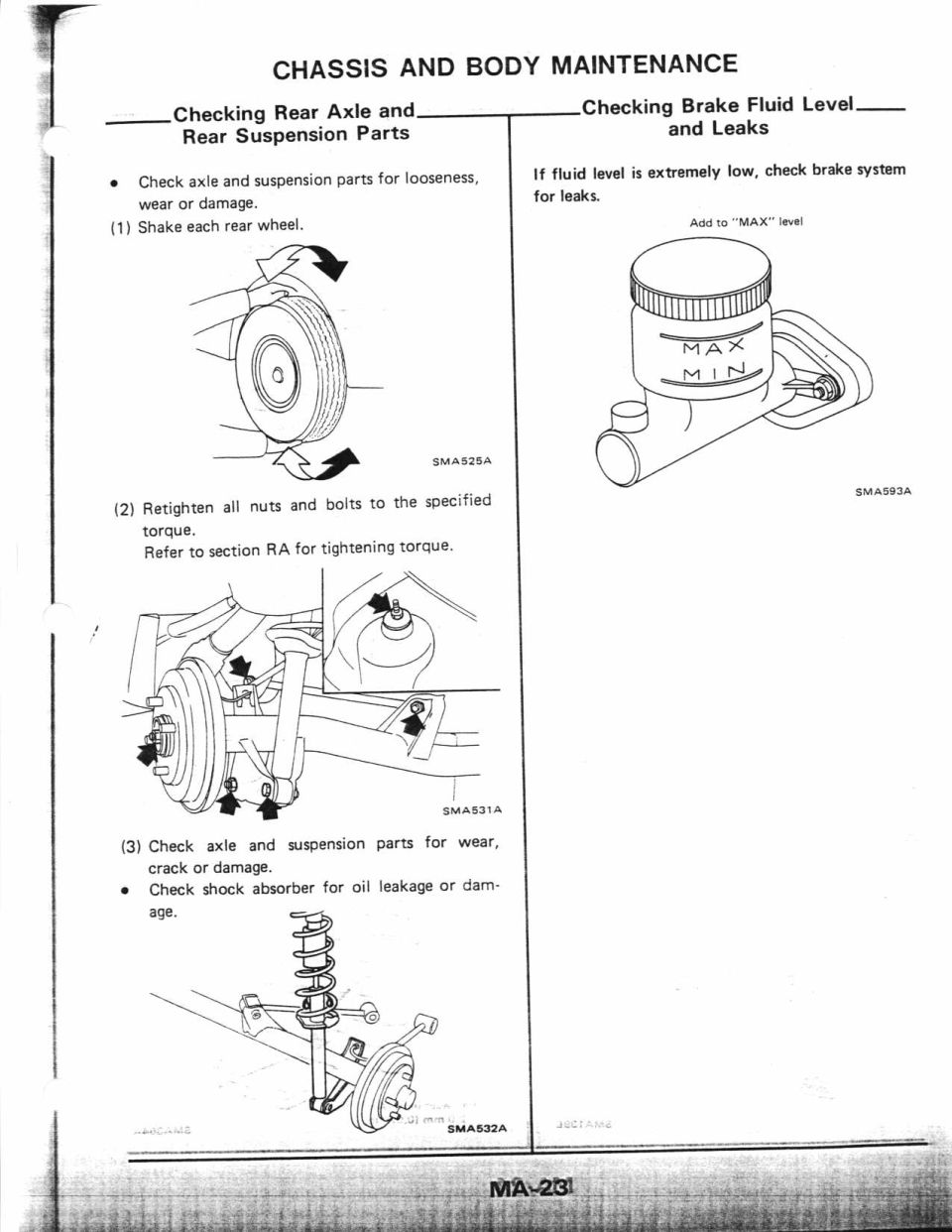Nissan rear axle suspension and brake fluid level inspection MA-21 maintenance page