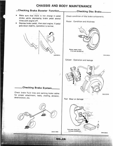 1990 Nissan Micra - This document details chassis and body maintenance procedures, focusing on brake system checks and functions.