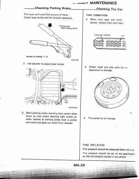 1990 Nissan Micra - This document provides instructions for checking a vehicle's parking brake and tire condition.