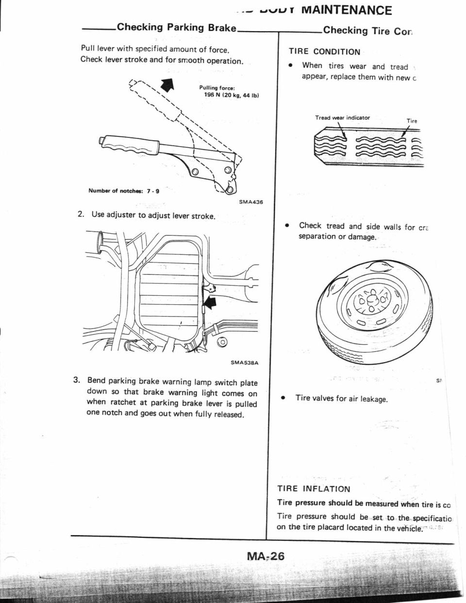 Service manual page on parking brake and tire condition checks with diagrams.