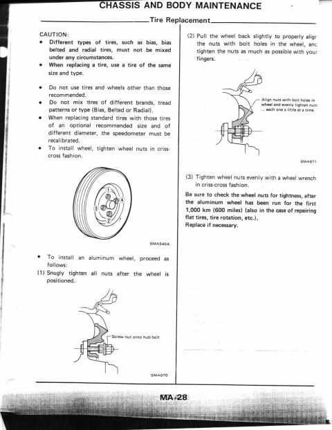 1990 Nissan Micra - This document outlines the procedures for tire replacement, including cautions regarding tire mixing and wheel installation.